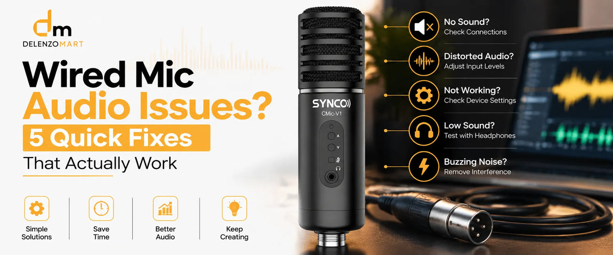 Wired Mic Audio Issues 5 Quick Fixes blog banner showing microphones and audio equipment.
