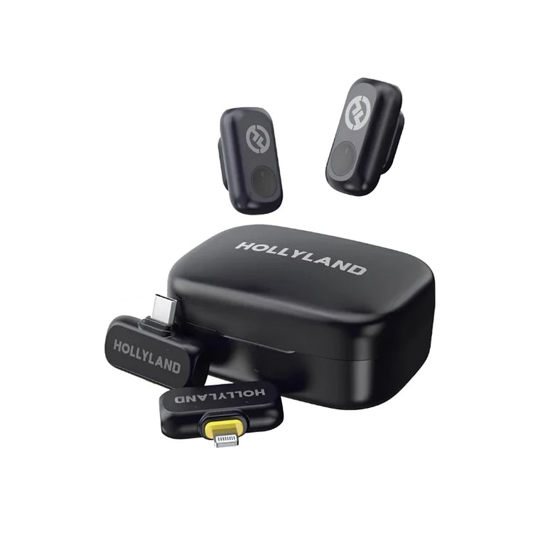 Wireless microphone set with black charging case and two clip-on transmitters