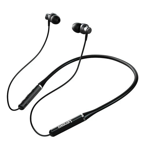Lenovo HE05 wireless headphone neckband with black earbuds and inline remote