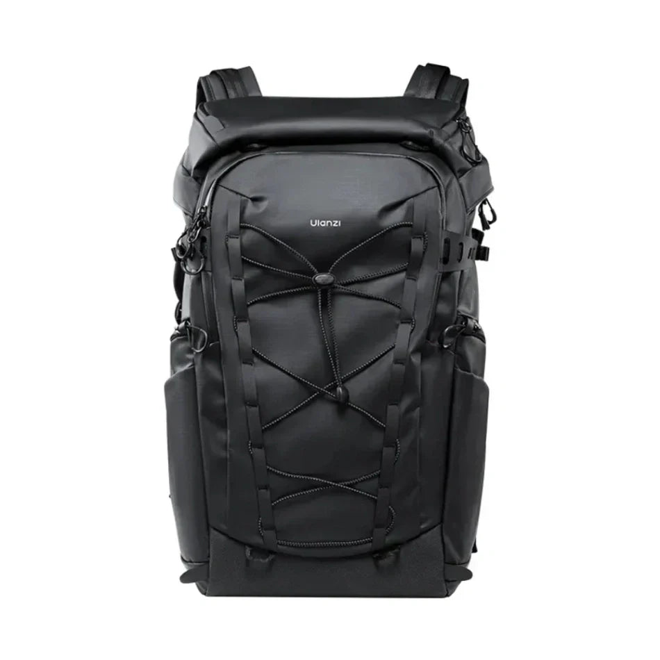 Black travel backpack with padded front panel, zipper pockets, and adjustable side straps