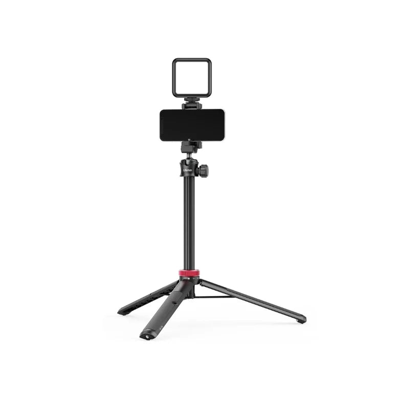 Extendable mini tripod with three legs, black finish and red adjustment ring