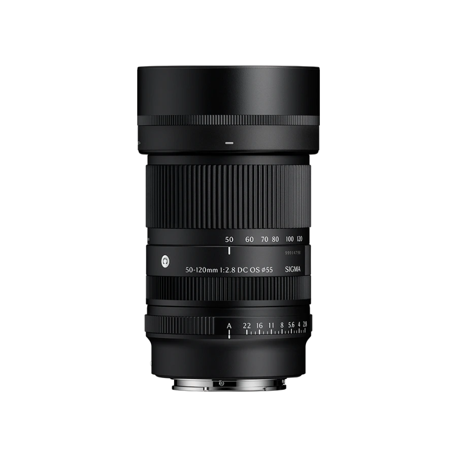 Black Sigma telephoto zoom lens, front rings and 50–120mm scale