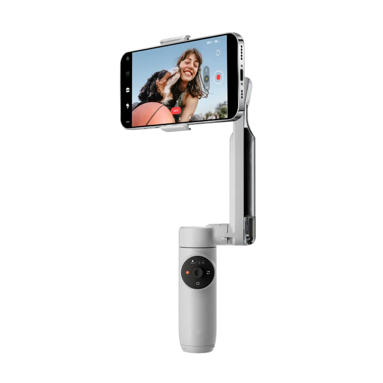 Gray smartphone gimbal stabilizer with mounted phone screen