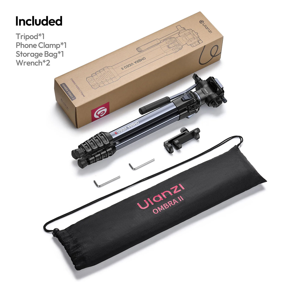 Video tripod kit with storage bag, phone clamp, wrench, and included parts