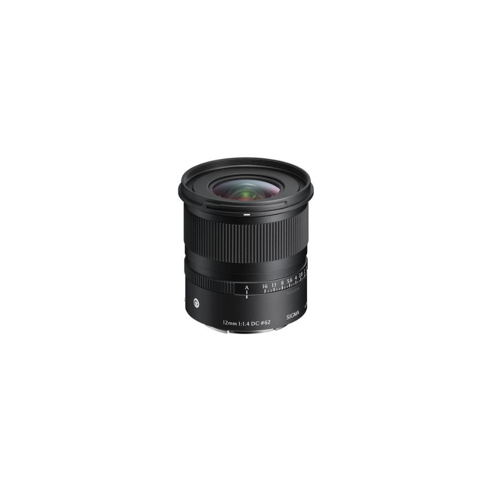 Sigma 12mm F1.4 wide-angle camera lens, black metal body with front glass element