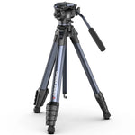 Dark gray video tripod with pan-tilt head and adjustable foldable legs