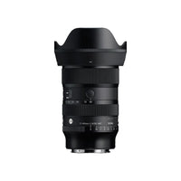 Black camera zoom lens with hood, front ring and focus markings