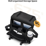 Black sling bag open with organized compartments, tablet sleeve area, and 9L capacity