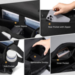 Black sling bag interior with tablet sleeve, rear zip pocket, removable divider, inner pocket