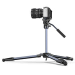Video tripod with camera mounted on a pan-tilt head and extended horizontal legs