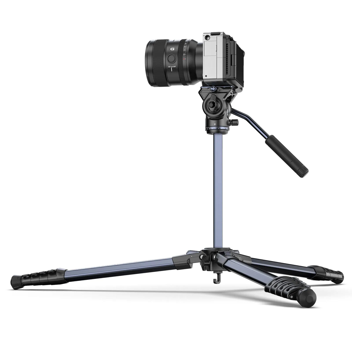 Video tripod with camera mounted on a pan-tilt head and extended horizontal legs