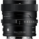 SIGMA 50mm F2 DG camera lens with ribbed zoom ring and distance scale on barrel