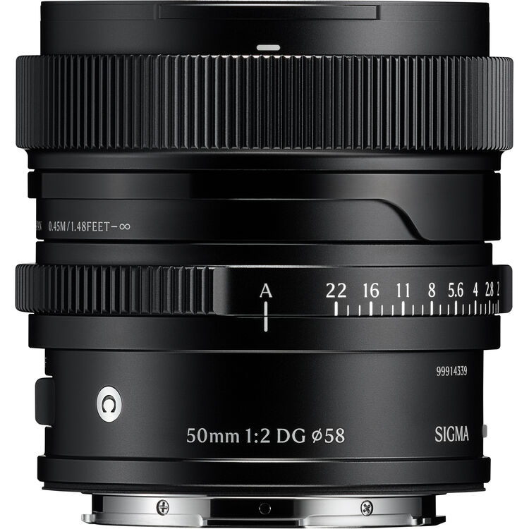 SIGMA 50mm F2 DG camera lens with ribbed zoom ring and distance scale on barrel