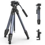 Dark video tripod with camera head plus upright stand and clamp accessories