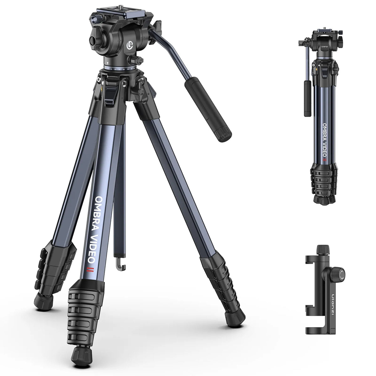 Dark video tripod with camera head plus upright stand and clamp accessories