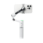 Insta360 Flow 2 Pro handheld gimbal with mounted smartphone, white stabilizer