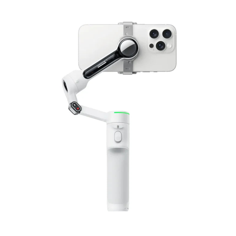 Insta360 Flow 2 Pro handheld gimbal with mounted smartphone, white stabilizer