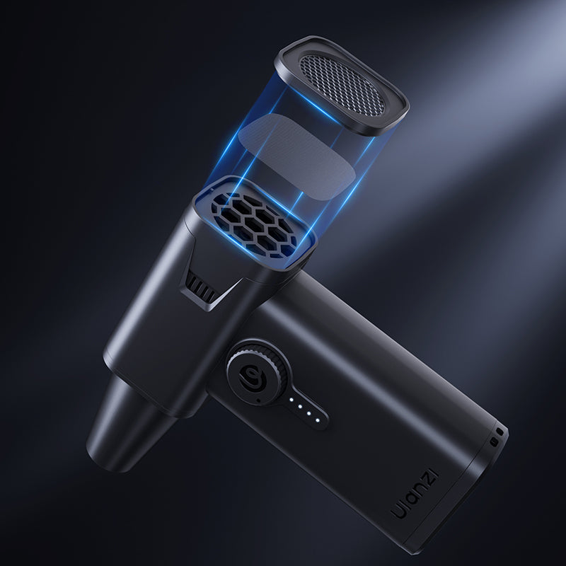 Electric air duster with glowing blue vent and nozzle, compact handheld black