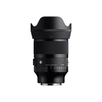 Black camera lens with built-in hood and front glass element
