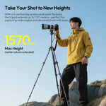 Extended video tripod with camera mounted, standing on three angled legs