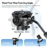 Close-up pan-tilt tripod head with adjustment knobs and camera mounting plate