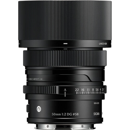Sigma 50mm f/2 DG C camera lens, black front with focus ring scale