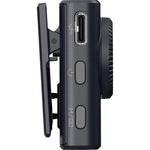 Charcoal wireless microphone transmitter side view with USB-C port and controls