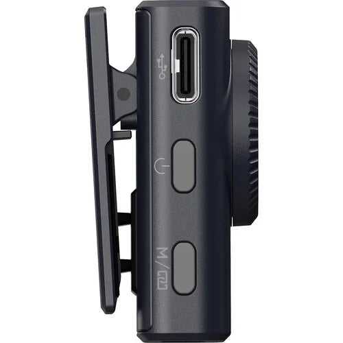 Charcoal wireless microphone transmitter side view with USB-C port and controls