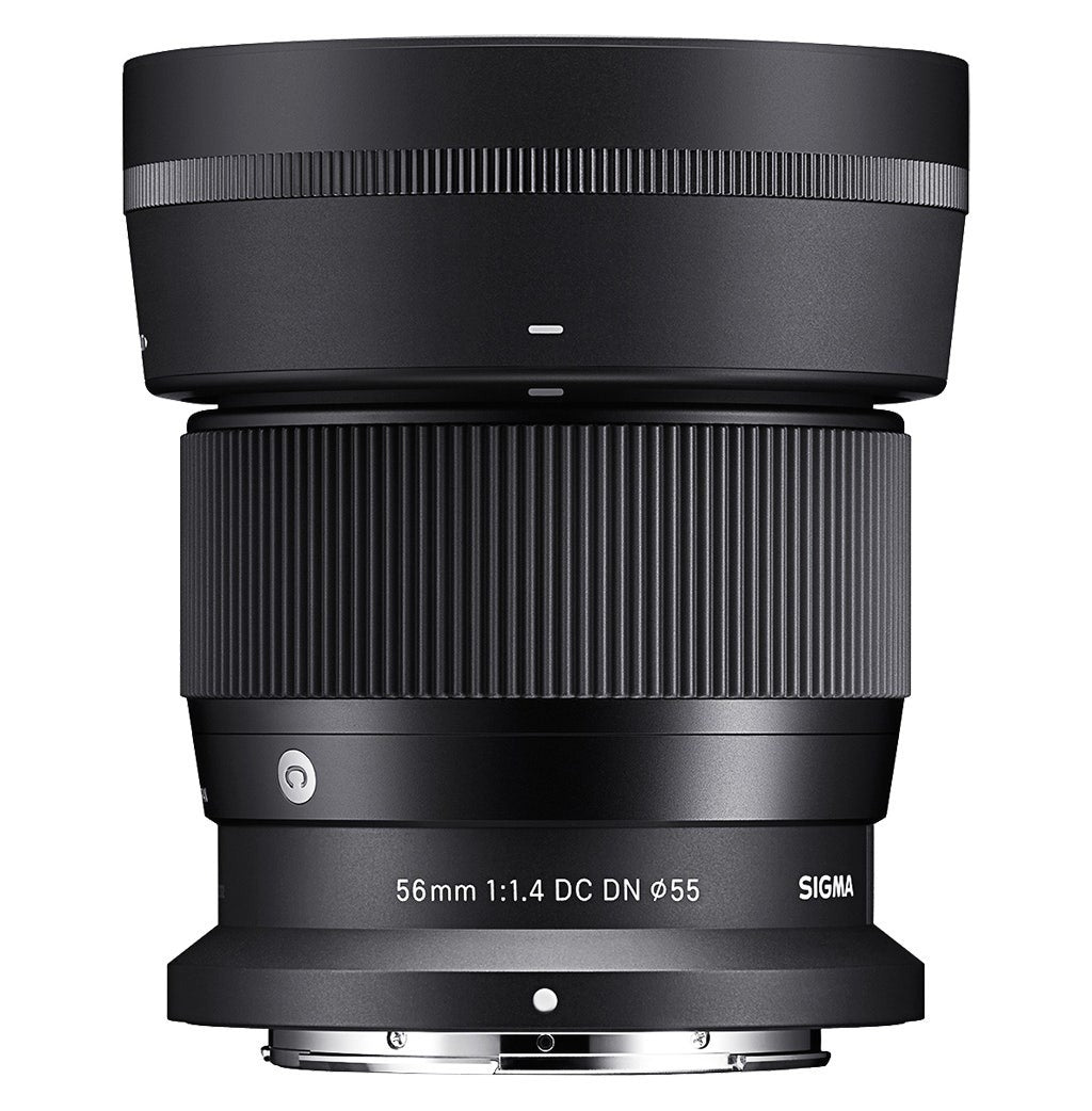 Black Sigma 56mm camera lens from front, showing outer mount rim