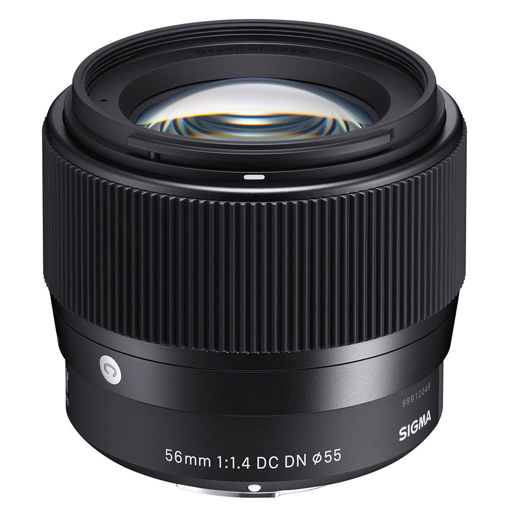 Sigma 56MM F1.4 DC DN C Lens - Side view highlighting lightweight build and mirrorless camera compatibility