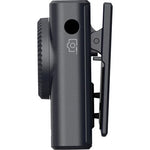 Charcoal wireless microphone transmitter rear with clip and indicator button
