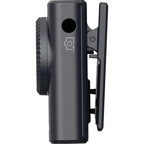 Charcoal wireless microphone transmitter rear with clip and indicator button