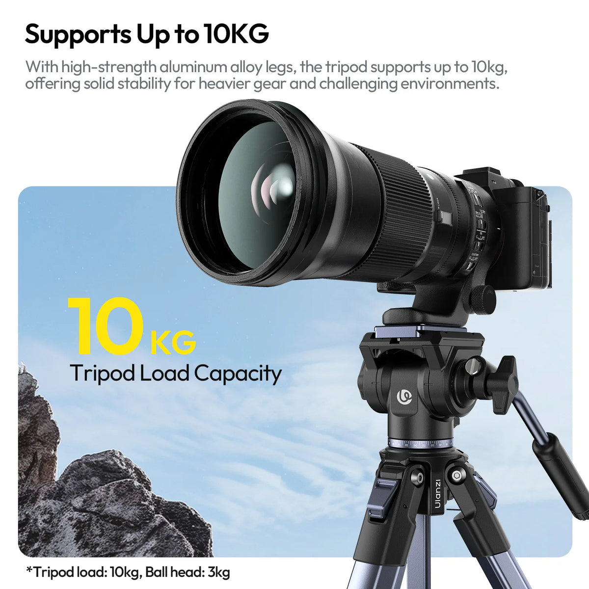 Video tripod holding a large camera lens on a stable pan-tilt head
