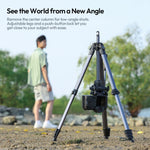 Video tripod with camera mounted, standing on tripod feet in an outdoor setup