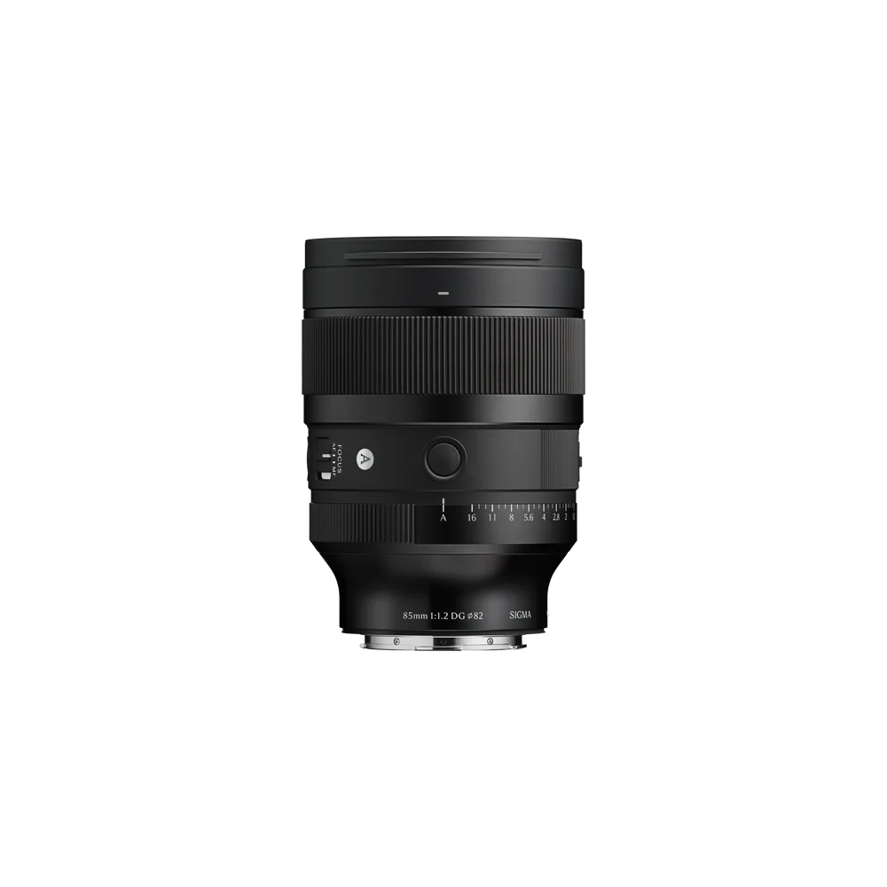 Black 85mm camera lens with ribbed focus ring and front glass element