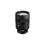 Black 85mm camera lens angled view, showing front glass and ribbed rings