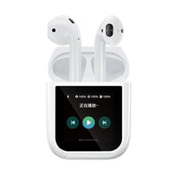 Ivory wireless earbuds with ANC, in charging case with front display screen