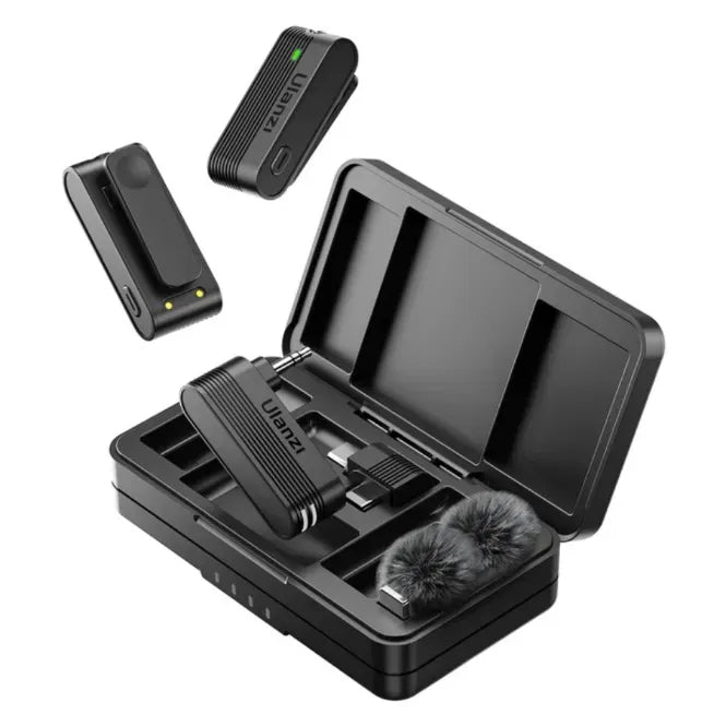 Black electronic device with open case displaying components on a white background Ulanzi A100 Wireless Lavalier Microphone