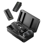 Black electronic device with open case displaying components on a white background Ulanzi A100 Wireless Lavalier Microphone