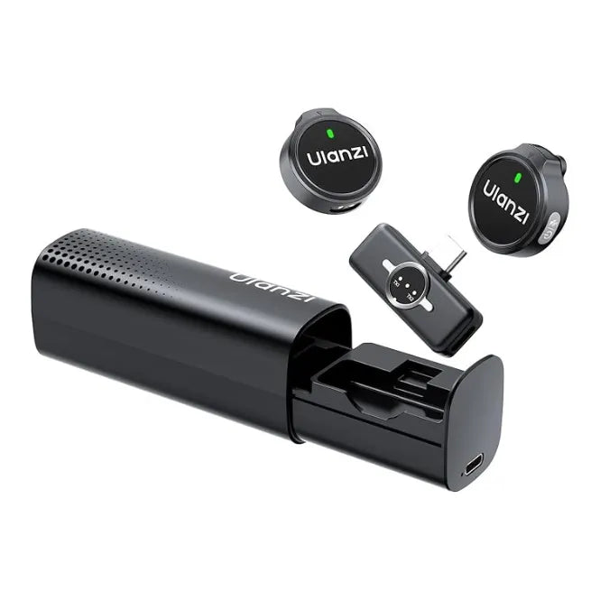 Black electronic device with 'Ulanzi A21 Wireless Microphone Type C Black' branding on a white background
