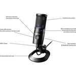 Black USB condenser microphone with desktop stand and visible side controls