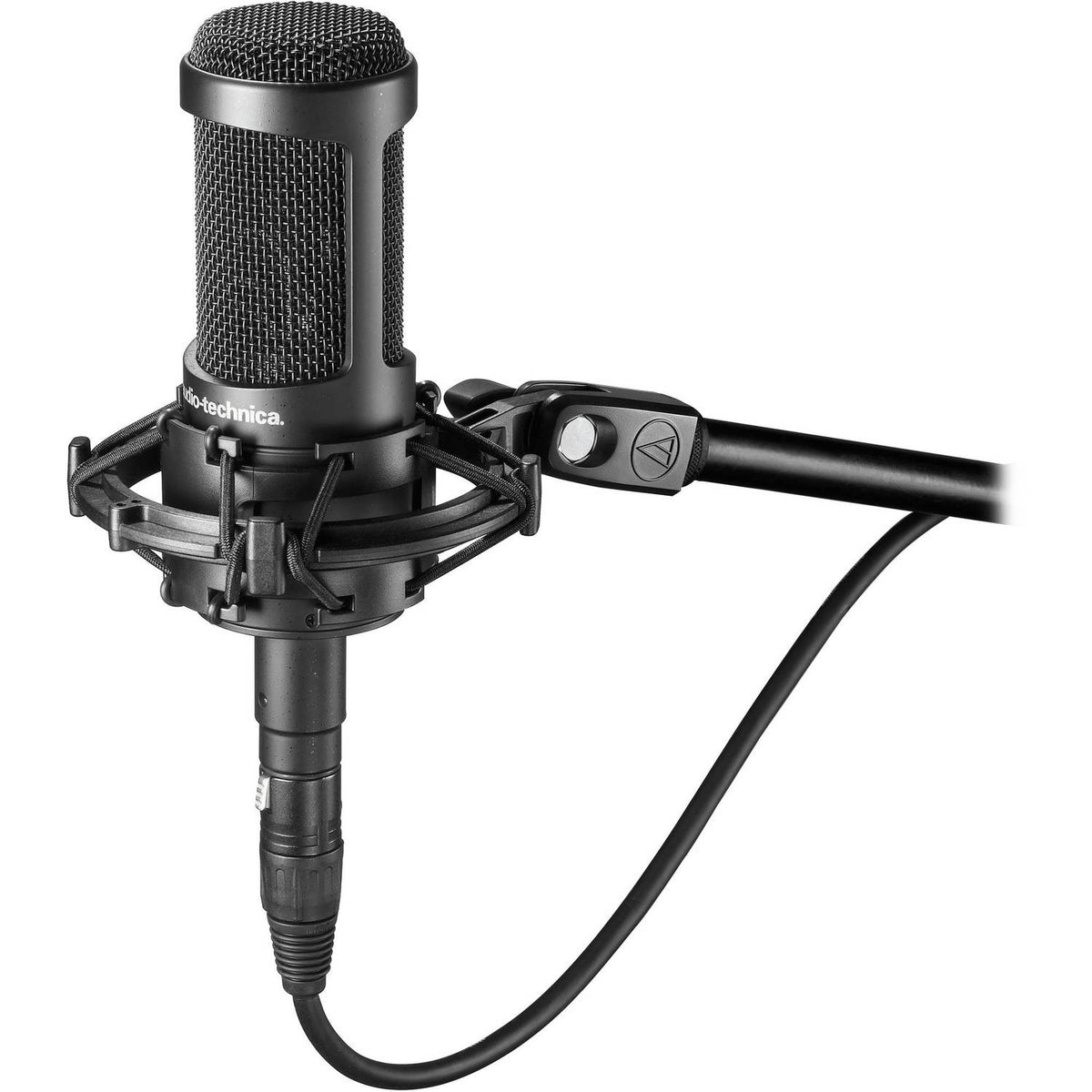 Black condenser studio microphone with metal mesh grille and shock mount, side view