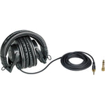 Over-ear studio monitor headphones with removable cable and 3.5 mm to 1/4 in plug ends