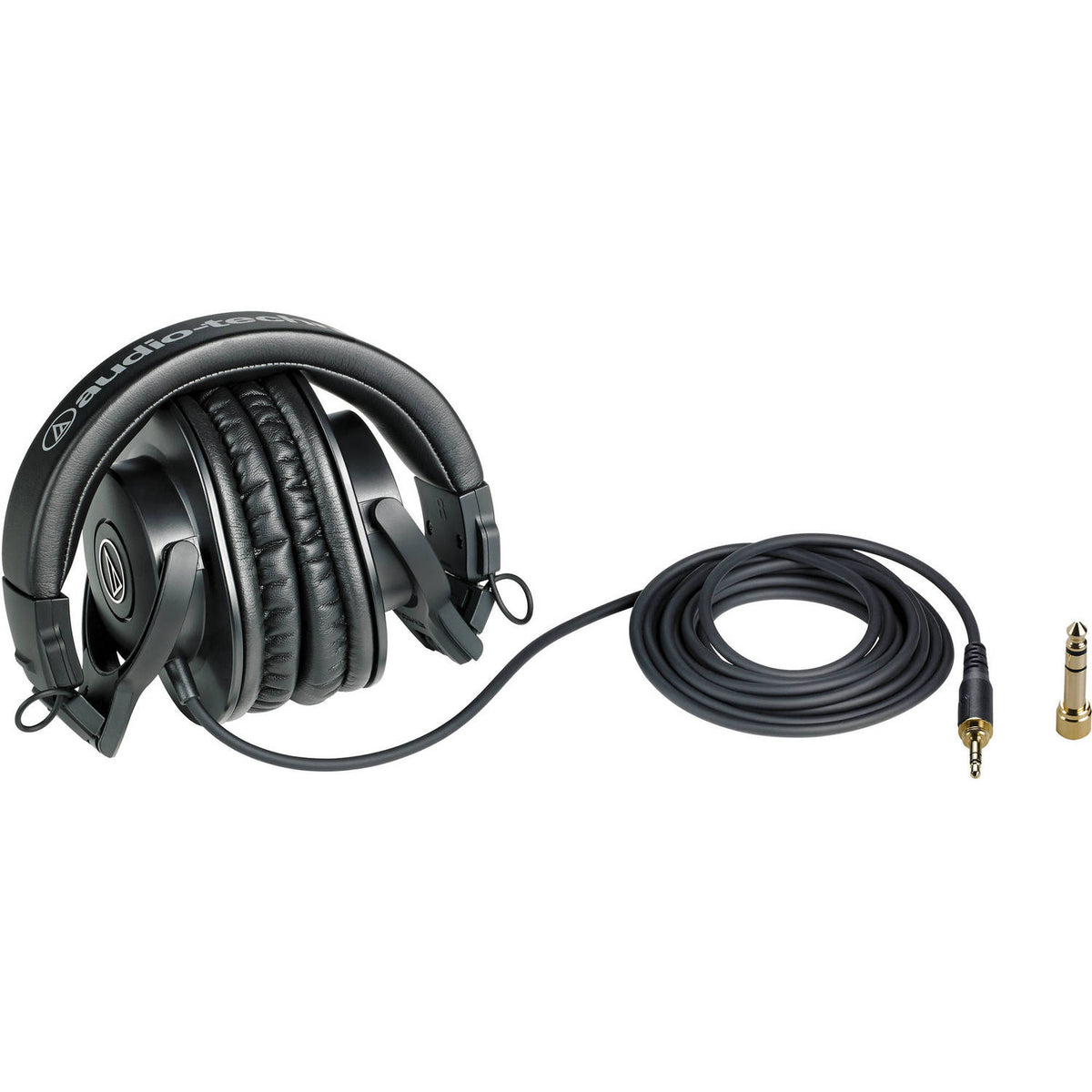Over-ear studio monitor headphones with removable cable and 3.5 mm to 1/4 in plug ends