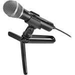 Audio-Technica cardioid dynamic USB/XLR microphone with tabletop stand, black