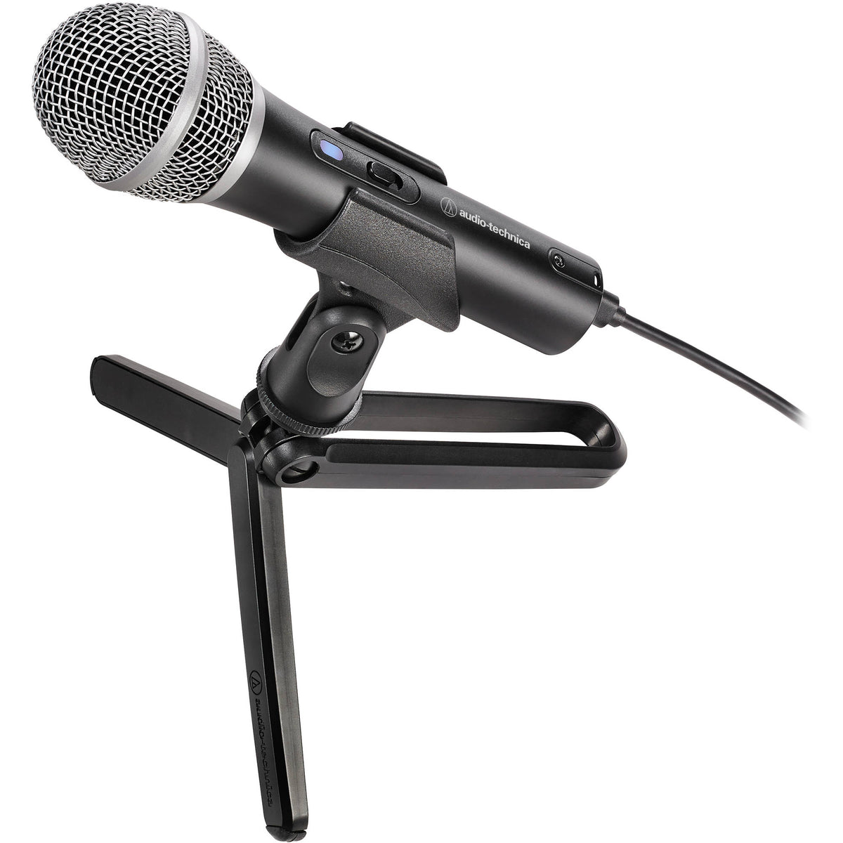 Audio-Technica cardioid dynamic USB/XLR microphone with tabletop stand, black