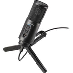 Black USB condenser microphone with grille and integrated stand mount