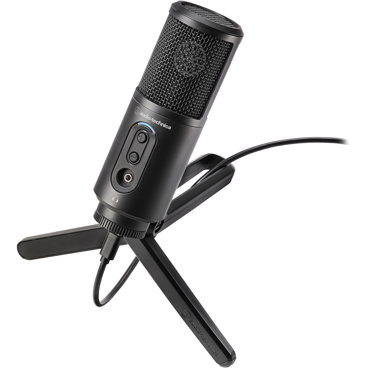 Black USB condenser microphone with grille and integrated stand mount