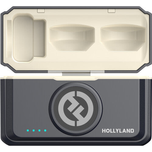 Charcoal wireless microphone charging case with logo and open compartment inserts