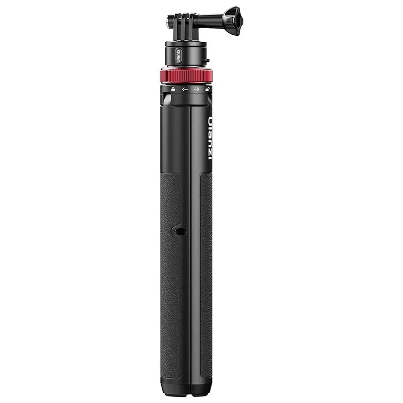 Black action camera tripod grip with red accent ring and top mounting head